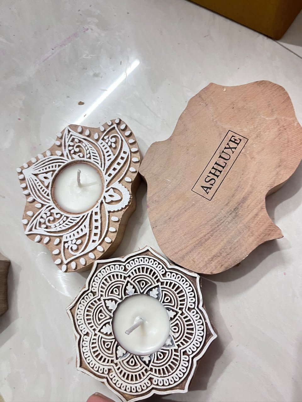 Ashluxe Hand-Carved Sheesham Wood Tealight Duo